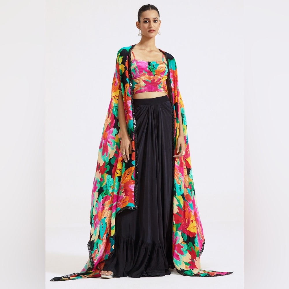 Aza Vibrant Floral Cape and Skirt Set